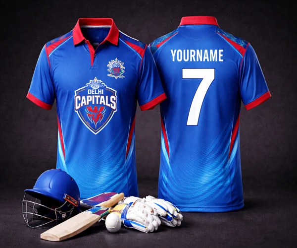 Delhi Cricket Jersey — Blue & Red, Sublimation Printing, Arunam Digital Prints Tirupur