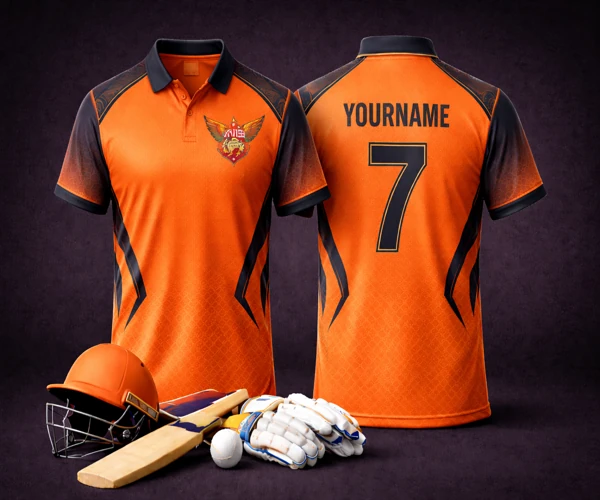 Hyderabad Cricket Jersey — Orange & Black, Sublimation Printing, Arunam Digital Prints Tirupur