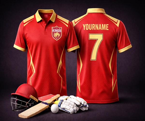 Punjab Cricket Jersey — Red & Silver, Sublimation Printing, Arunam Digital Prints Tirupur