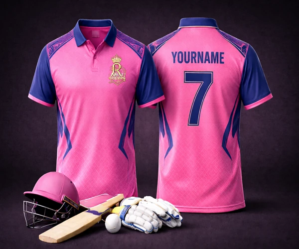 Rajasthan Cricket Jersey — Pink & Blue, Sublimation Printing, Arunam Digital Prints Tirupur